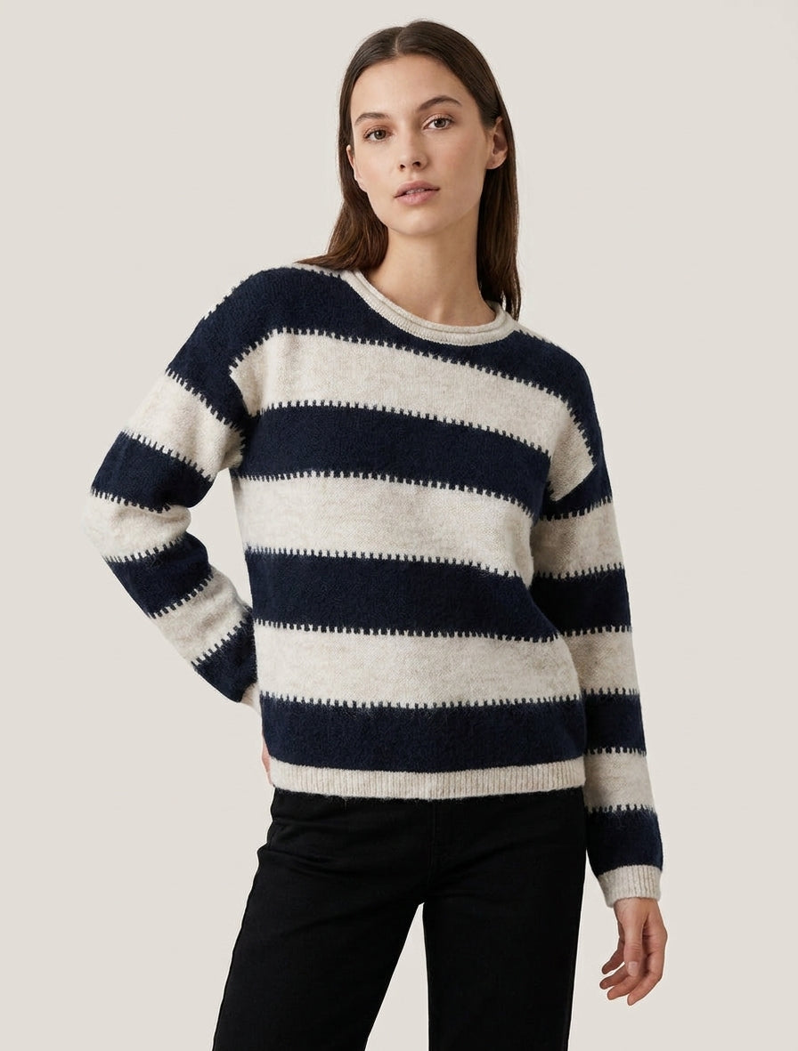 Pull ample à rayures stylisées - Marine