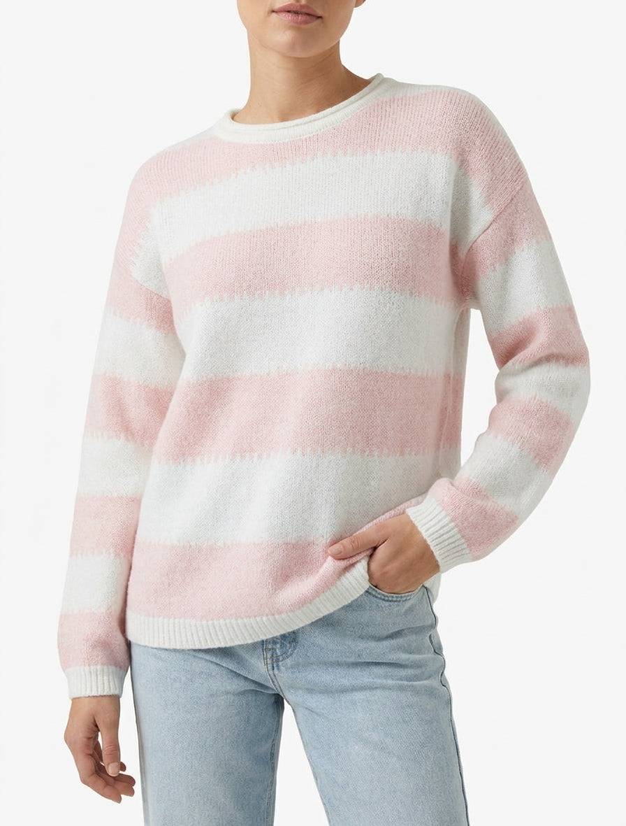 Pull ample à rayures stylisées - Rose