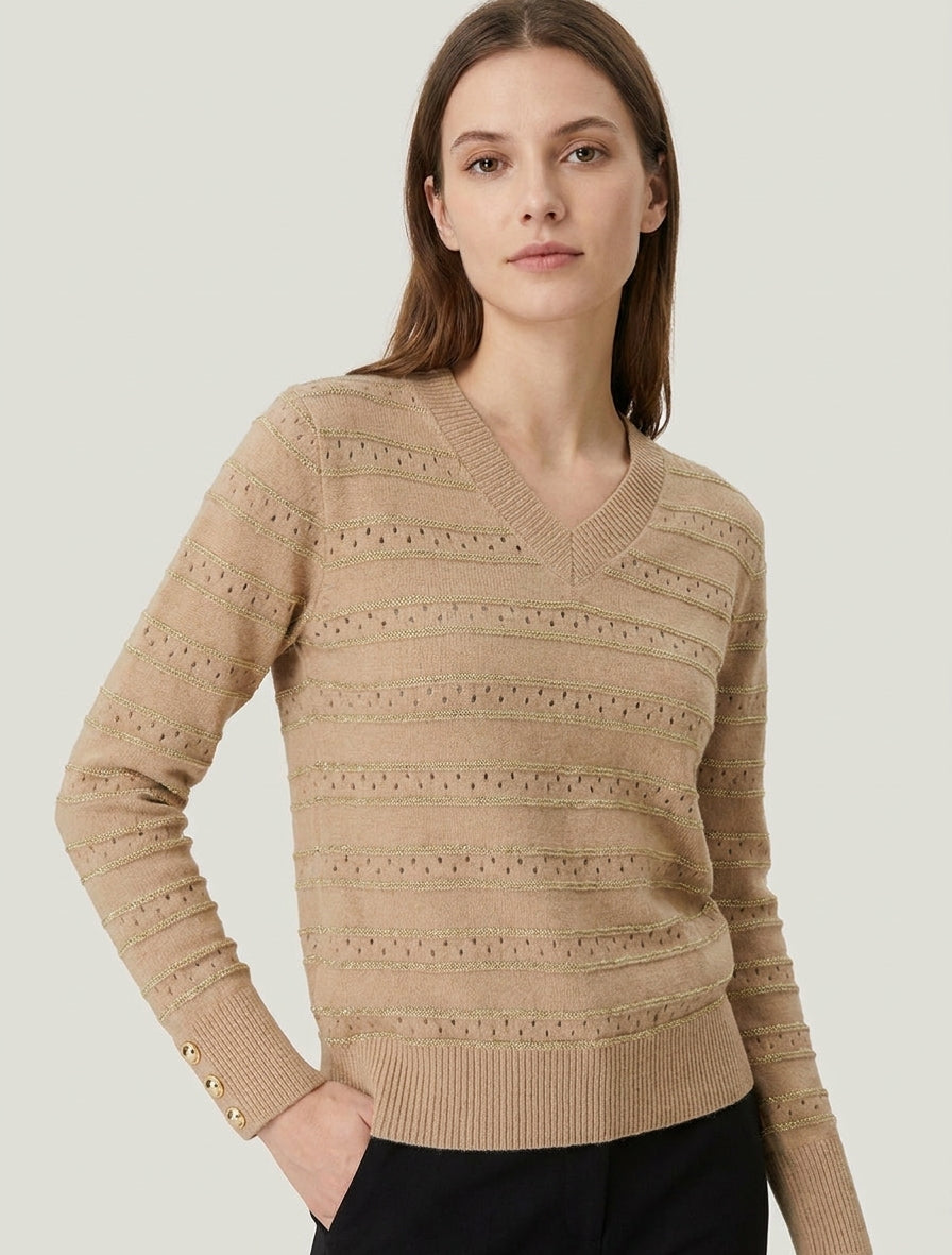 Pull droit maille ajourée col V - Camel