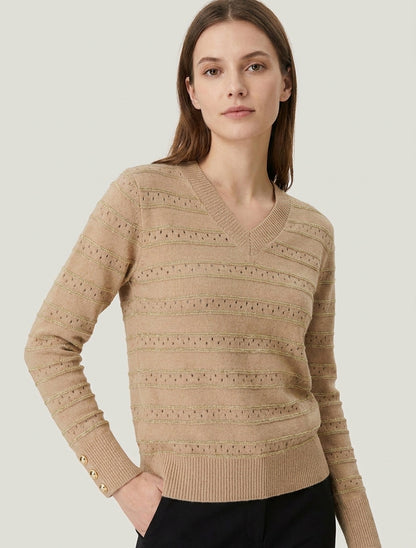 Pull droit maille ajourée col V - Camel