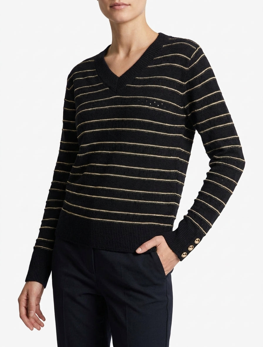 Pull droit en maille ajourée à col V - Noir