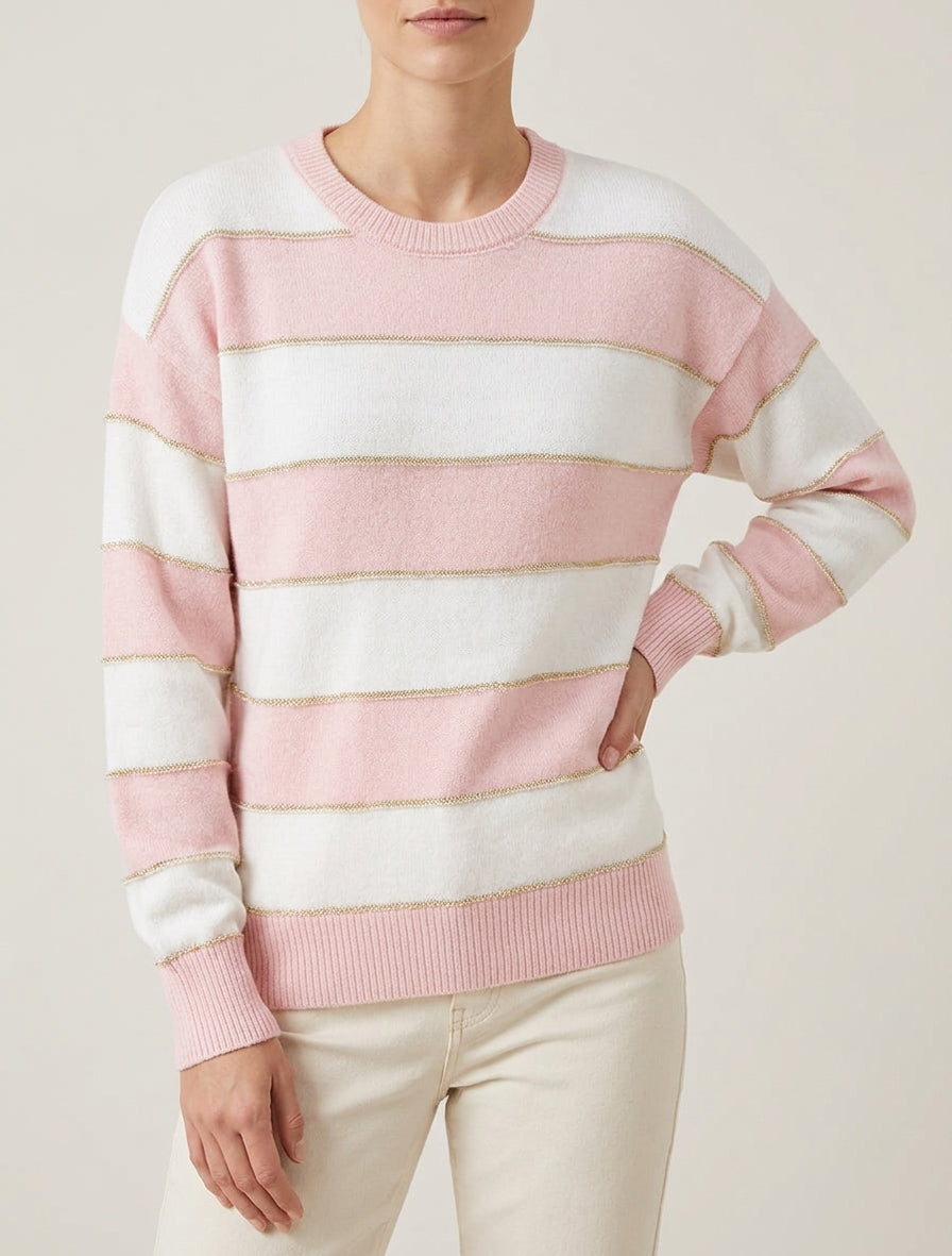Pull rayé à détails dorés et col rond - Rose