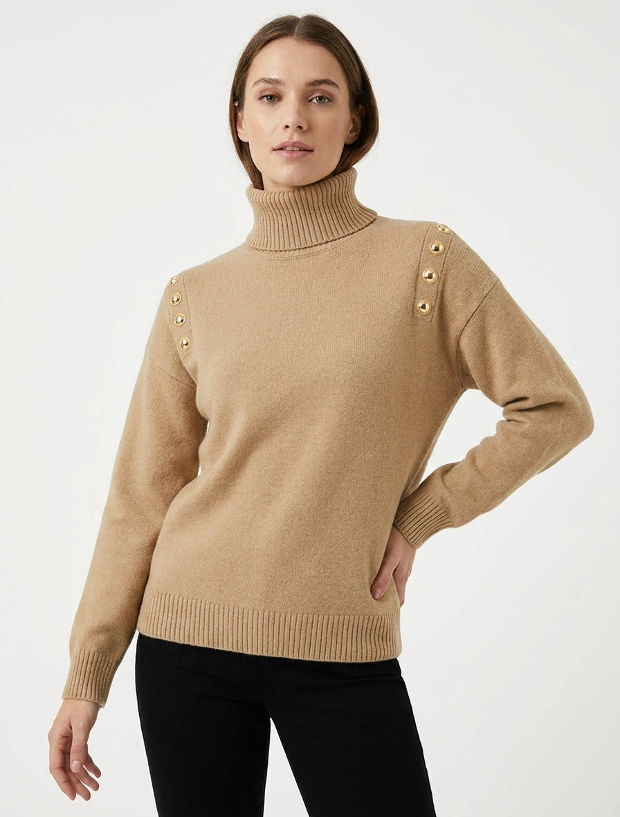 Pull droit col roulé boutons épaules - Camel clair