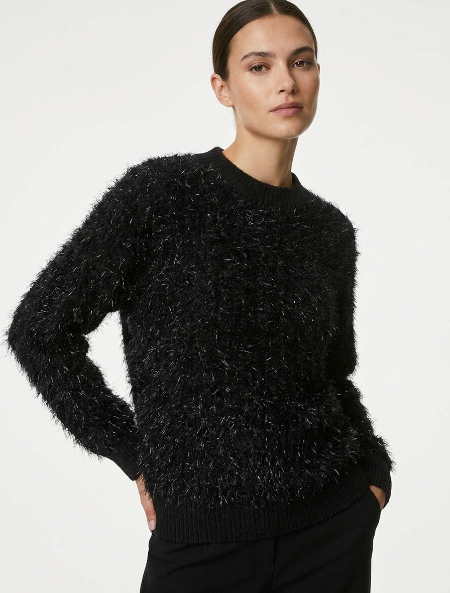 Pull droit duveteux manches longues - Noir