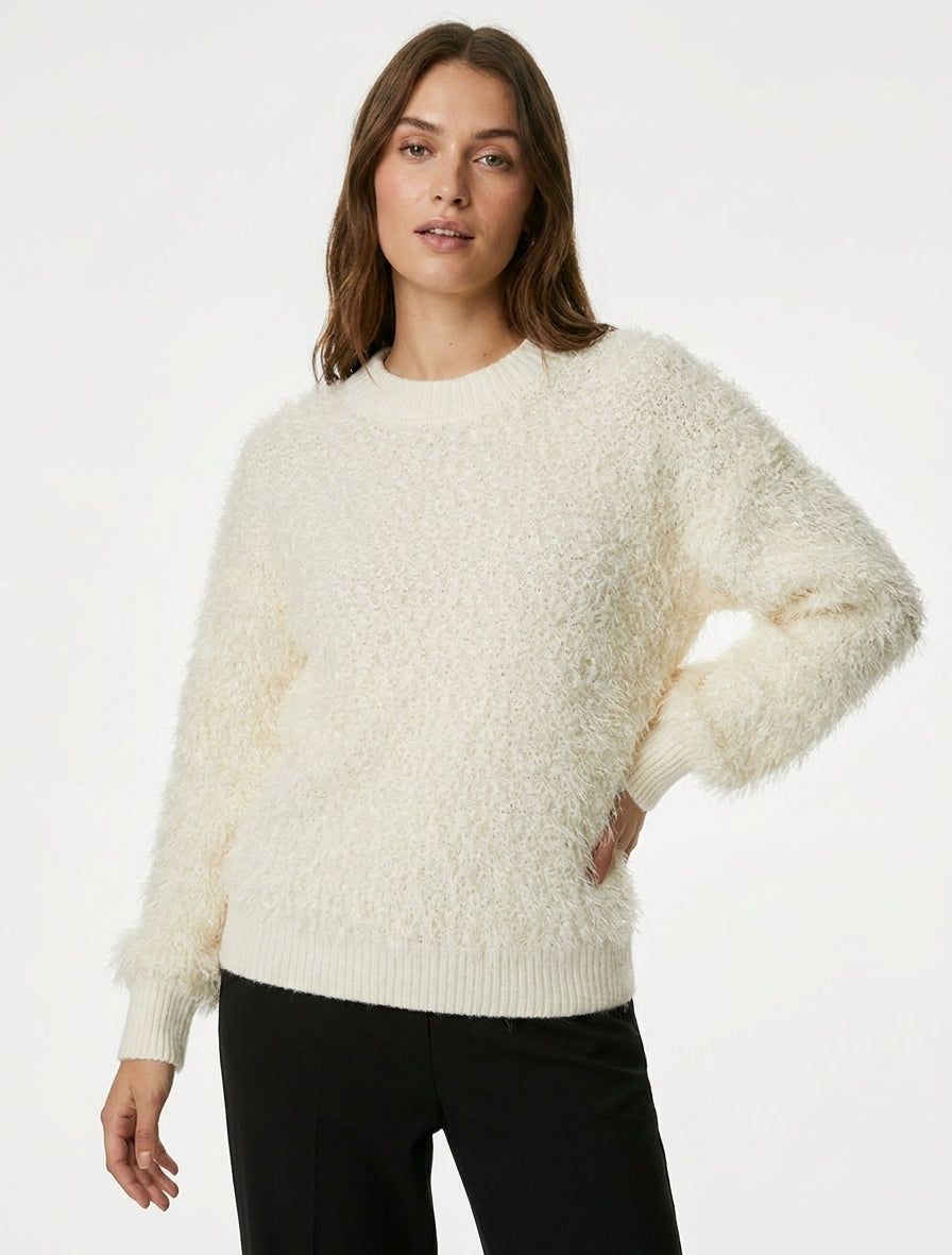 Pull droit duveteux manches longues - Écru