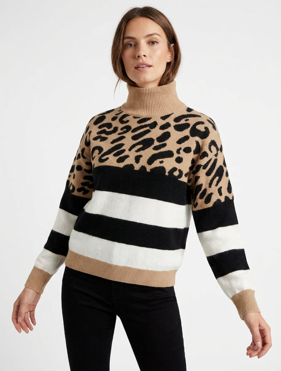 Pull rayé et léopard col roulé - Camel clair