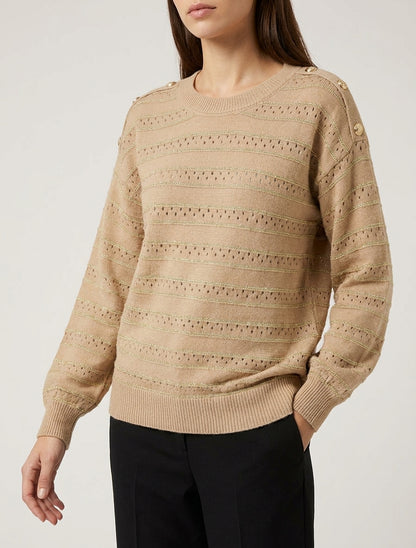 Pull à maille ajourée et rayures - Camel clair