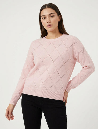 Pull en maille ajourée quadrillé - Rose