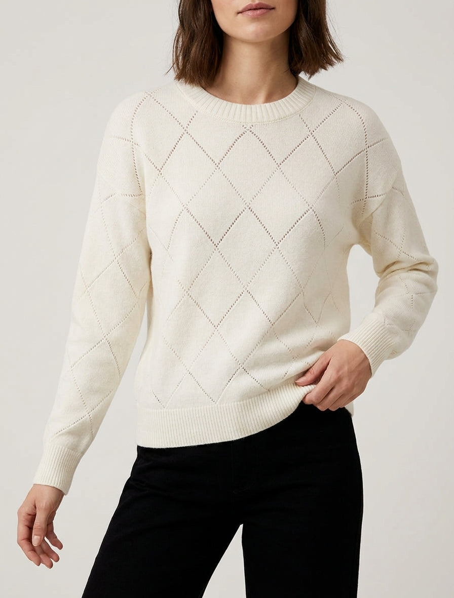 Pull en maille ajourée à col rond - Écru