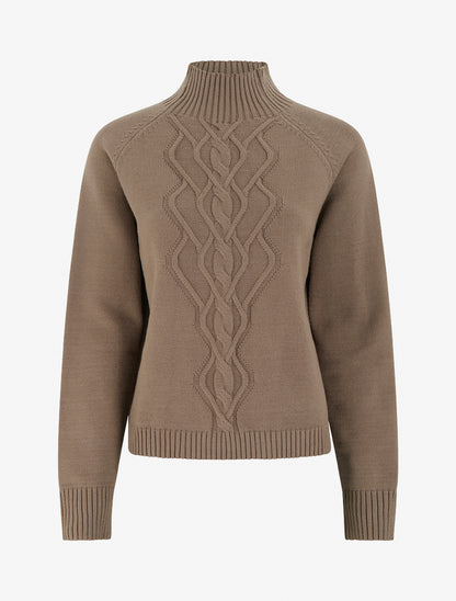 Pull droit à col montant en maille effet torsadé - Taupe - 1