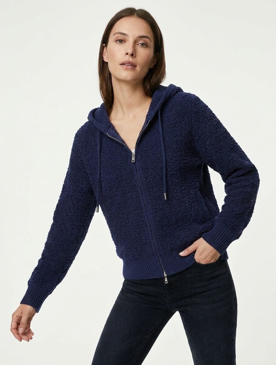 Sweat à capuche zippé en maille - Marine