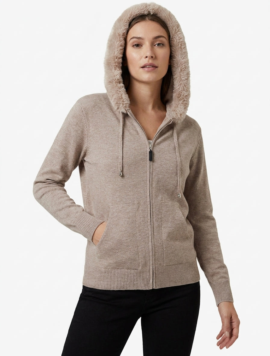 Sweat capuche fourrure synthétique - Taupe