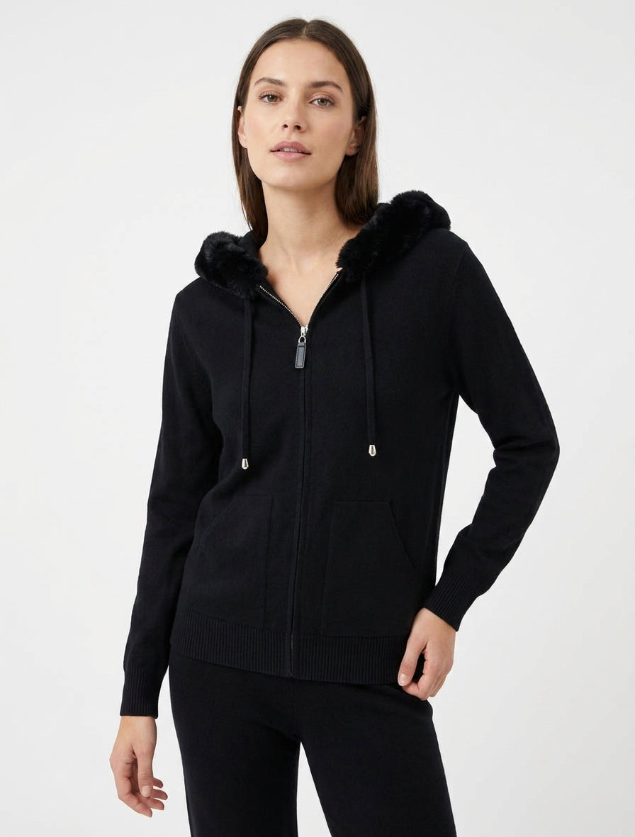 Sweat à capuche fourrure synthétique - Noir