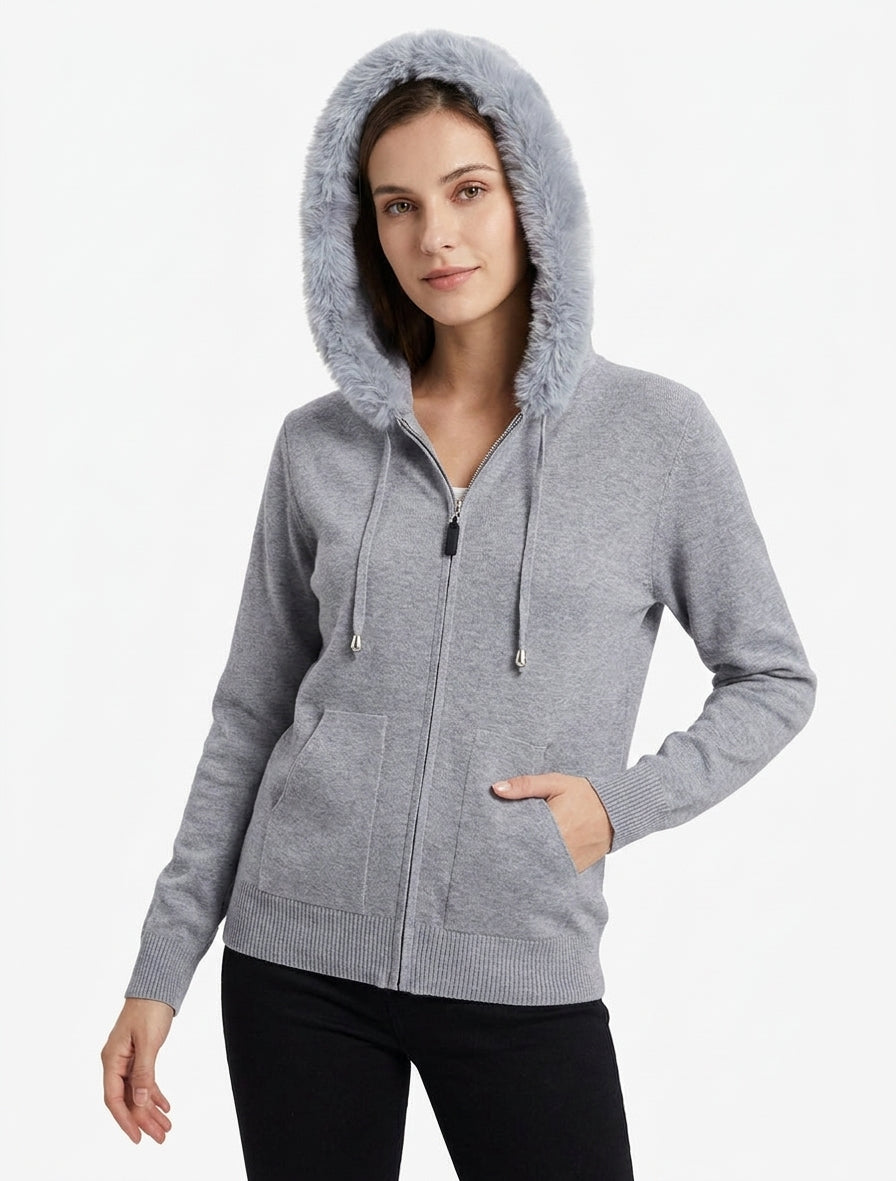 Sweat à capuche fourrure synthétique - Gris