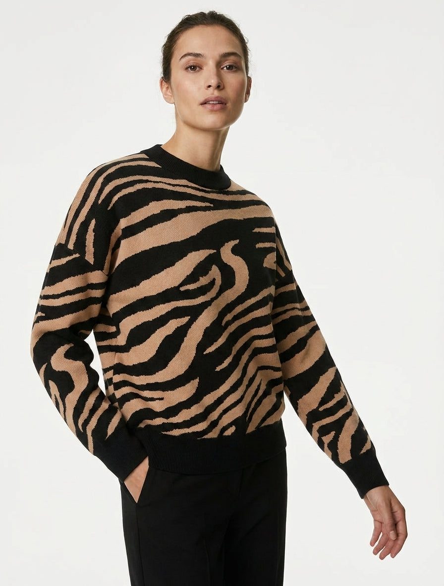 Pull ample col rond maille zèbre - Camel