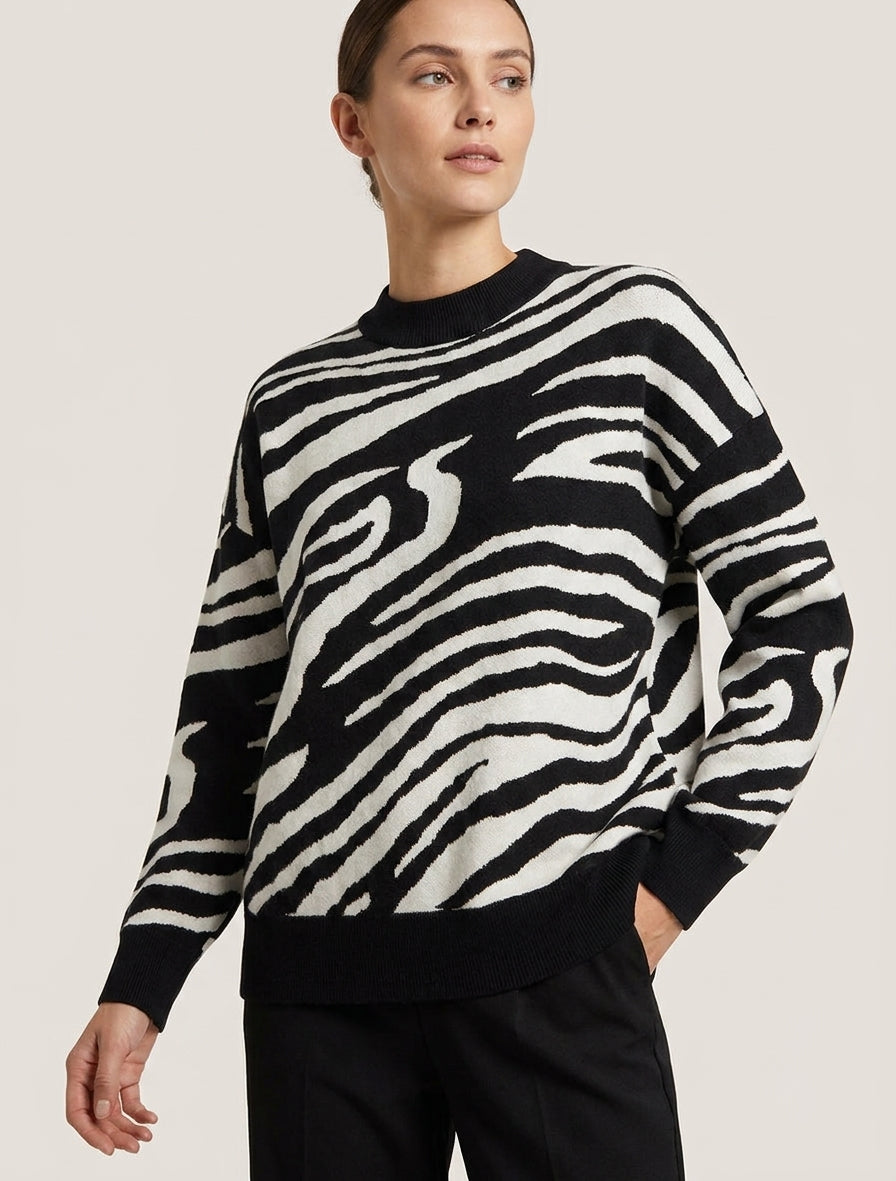 Pull ample col rond imprimé - Blanc