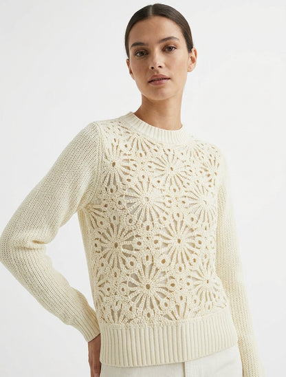 Pull en coton col rond maille macramé - Écru