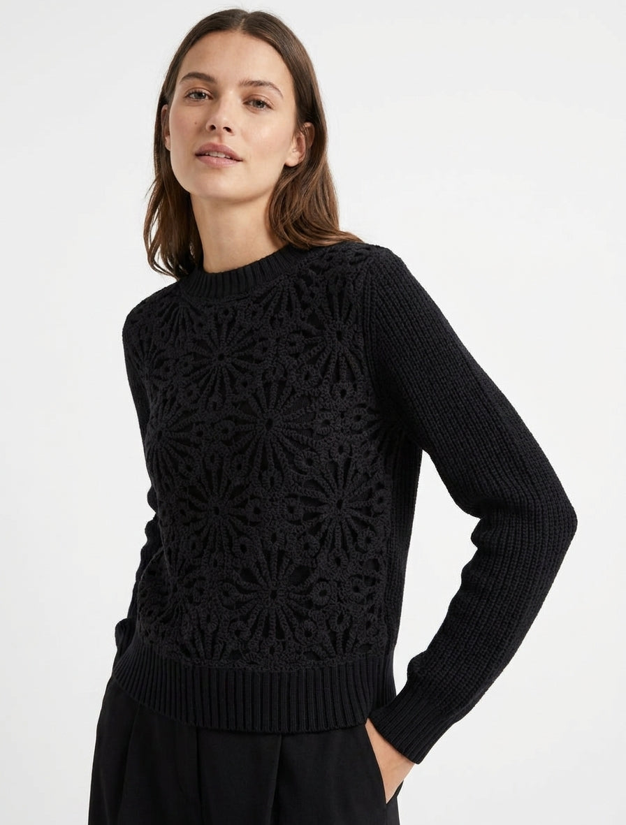 Pull en coton maille macramé floral - Noir