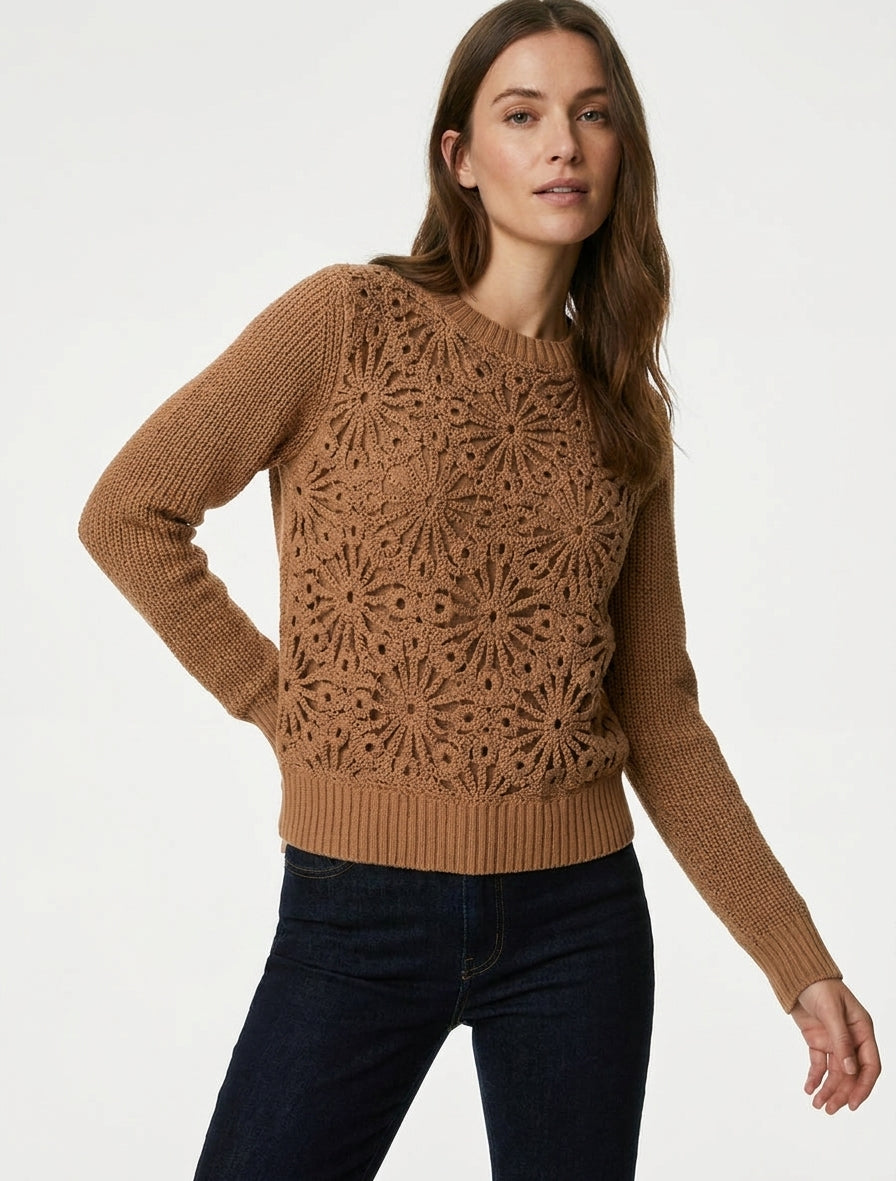 Pull en coton col rond maille macramé - Camel