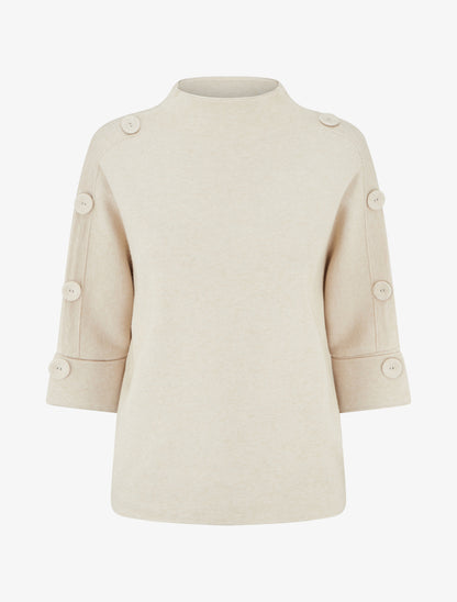 Pull à manches 3/4 à boutons et col montant - Beige - 1