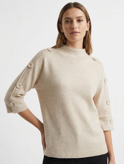 Pull maille col montant à boutons - Beige