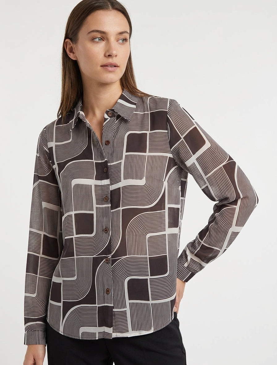 Chemise fluide col à pied imprimé - Chocolat