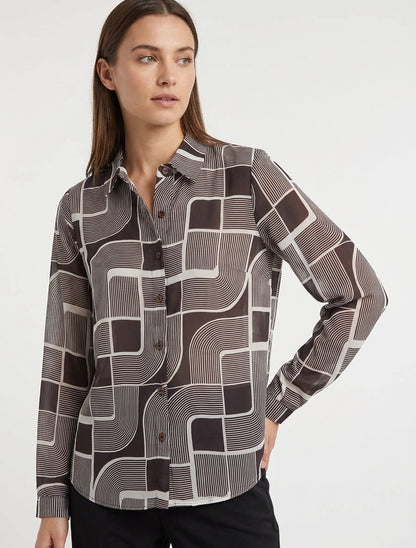 Chemise fluide col à pied imprimé - Chocolat