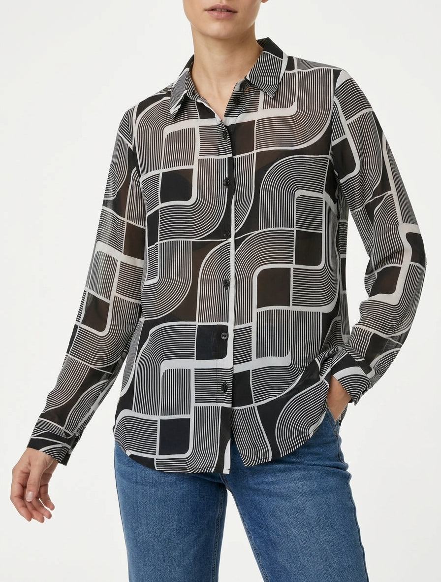 Chemise fluide col à pied imprimé graphique - Noir