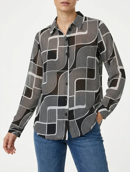 Chemise fluide col à pied imprimé graphique - Noir