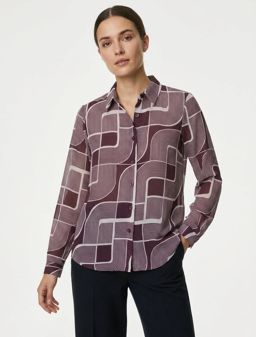 Chemise fluide col à pied imprimé graphique - Prune