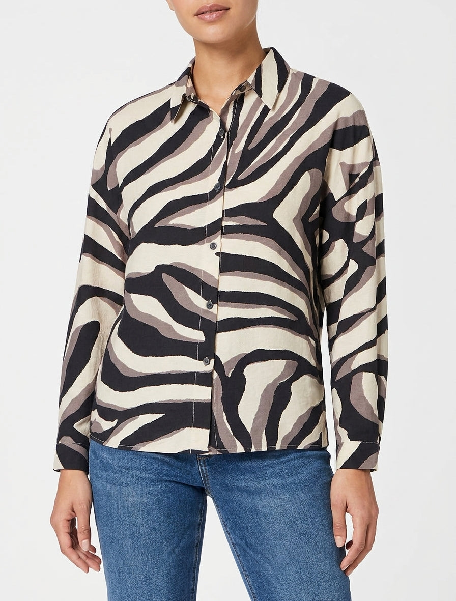 Chemise fluide col à pied imprimé tigré - Taupe