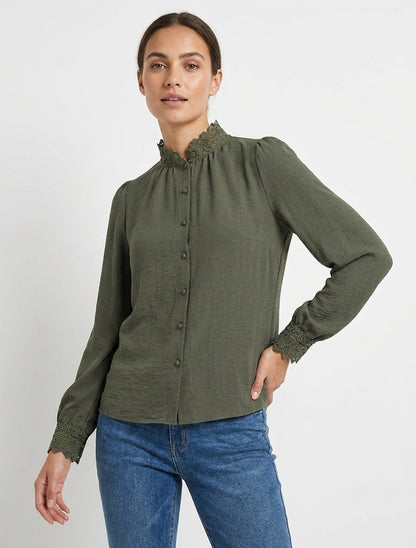 Blouse fluide poignets dentelle - Kaki