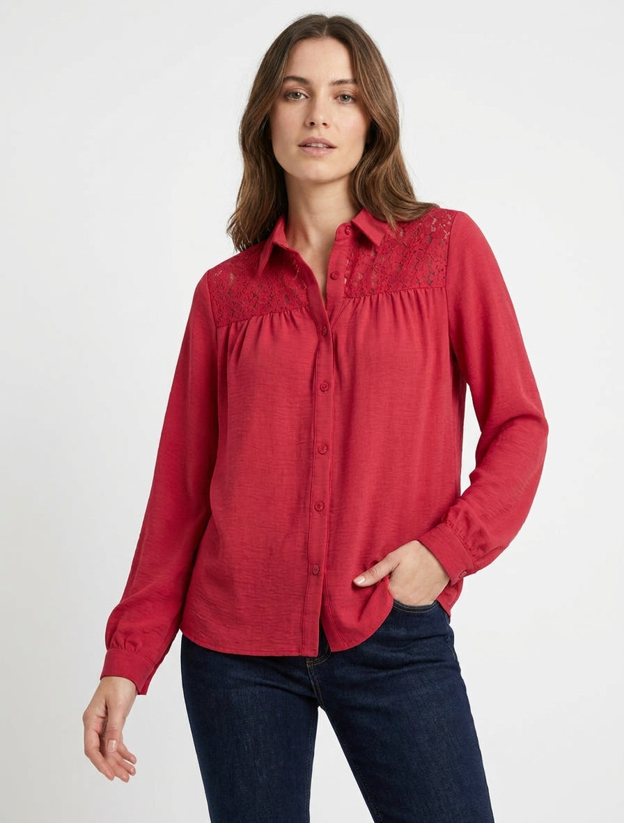 Chemise fluide col à pied dentelle - Rouge