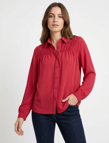 Chemise fluide col à pied dentelle - Rouge