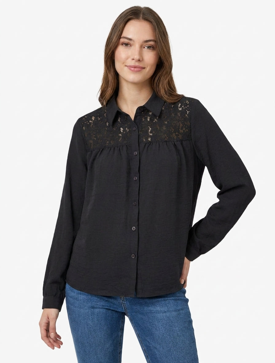 Chemise fluide col à pied dentelle - Noir