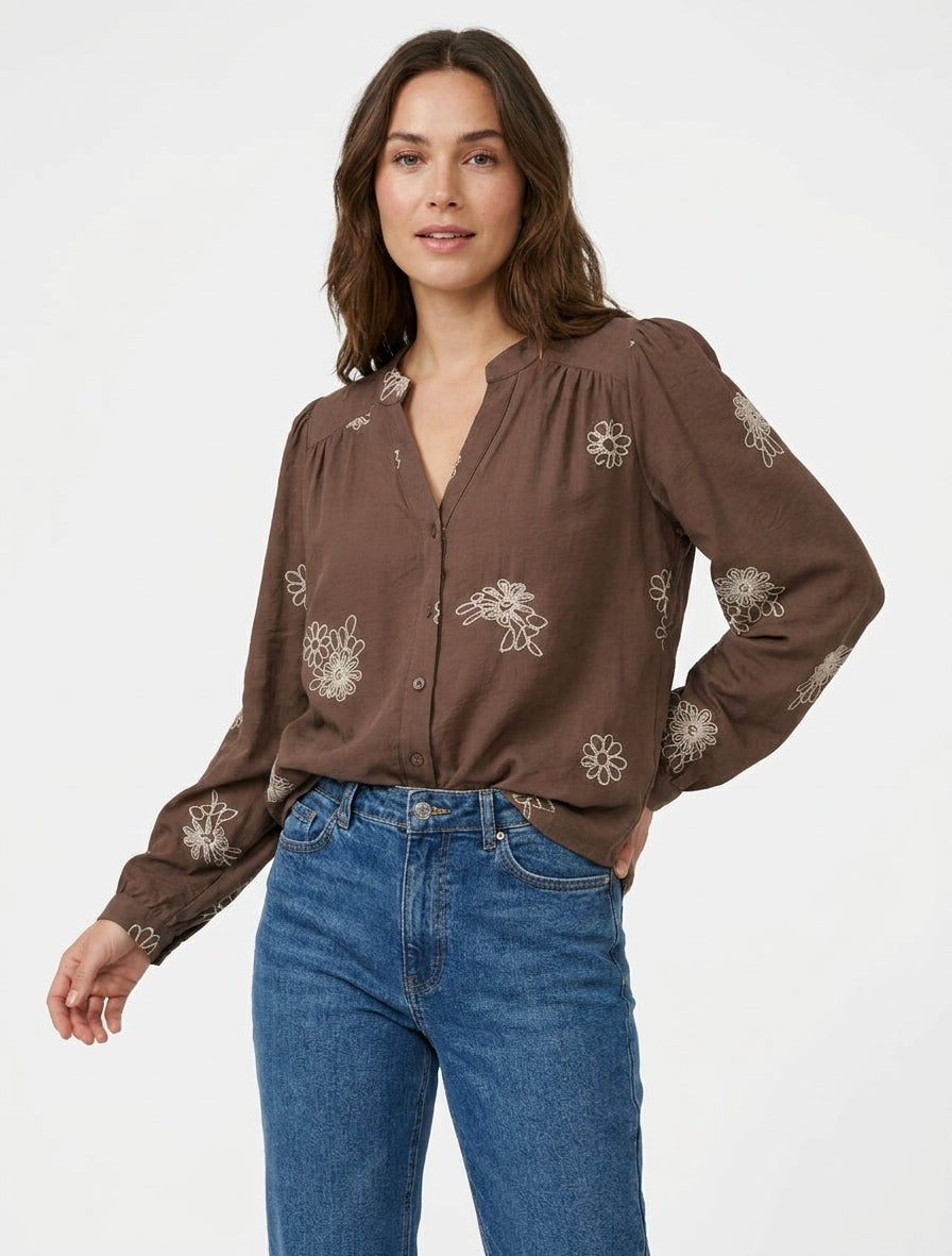 Blouse fluide col V à broderies - Marron