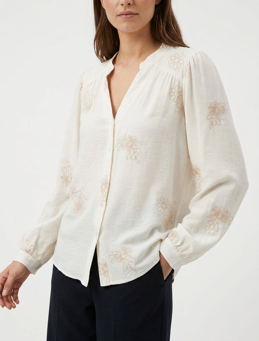 Blouse fluide col V brodée - Écru