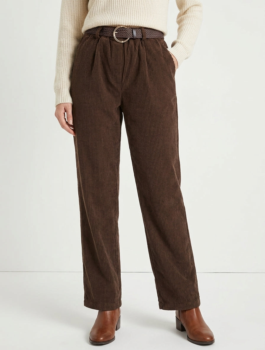 Pantalon droit taille haute ceinturée - Marron