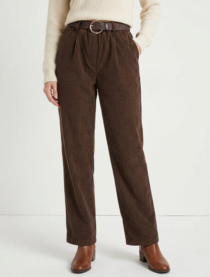 Pantalon droit taille haute ceinturée - Marron