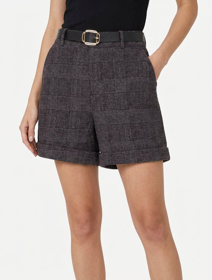 Short taille haute imprimé tartan - Gris