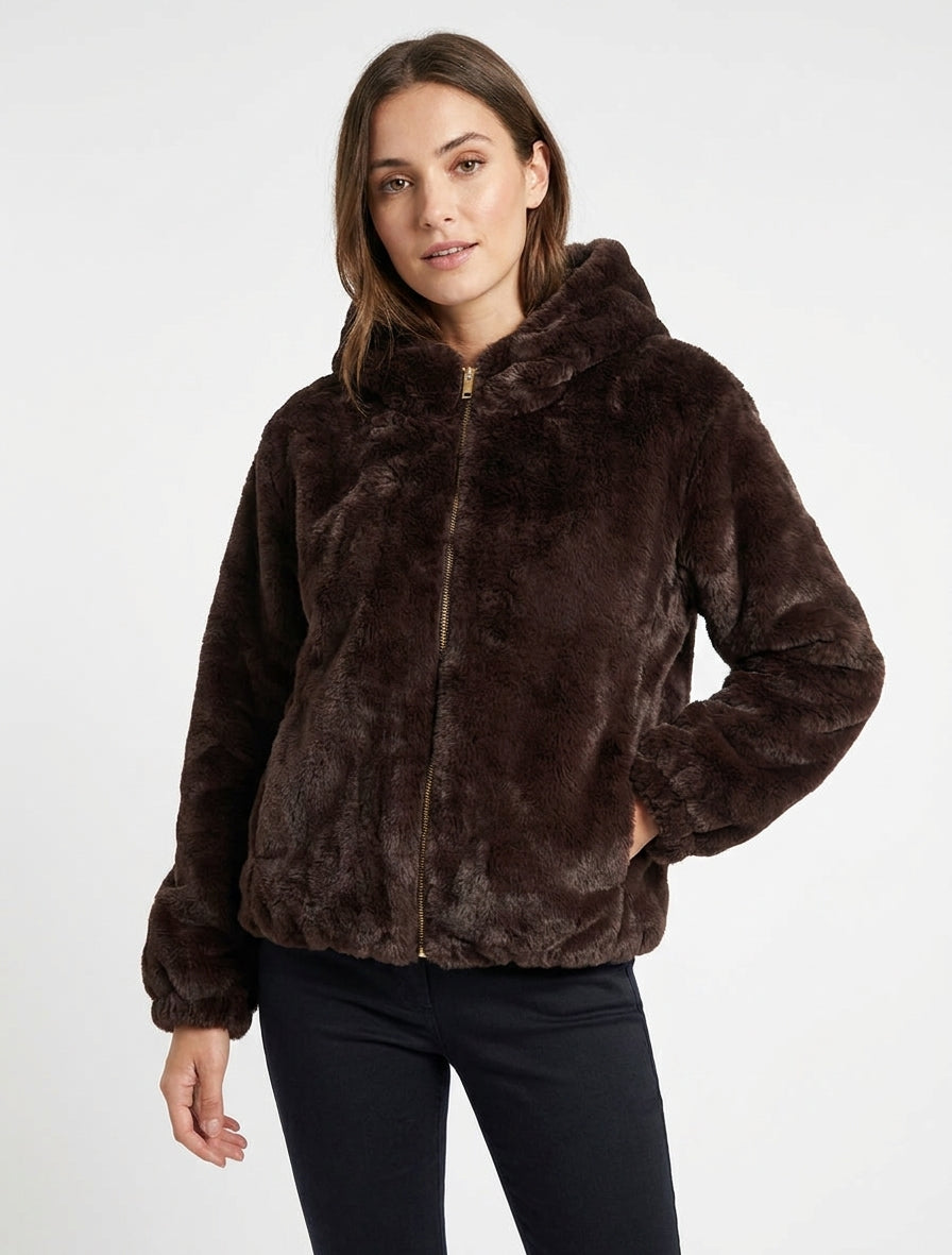Blouson en fourrure synthétique à capuche - Marron