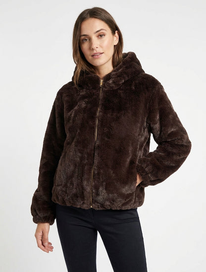 Blouson en fourrure synthétique à capuche - Marron