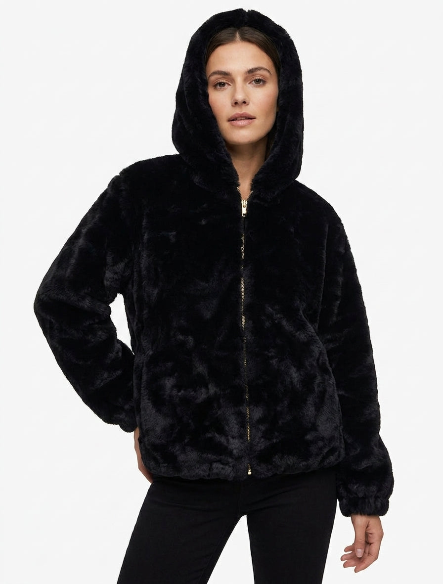 Blouson à capuche en fourrure synthétique - Noir
