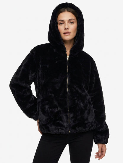 Blouson à capuche en fourrure synthétique - Noir