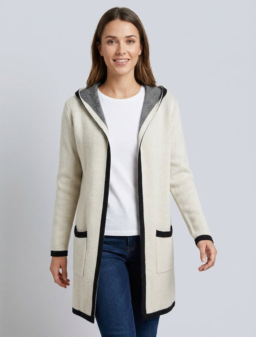 Gilet ouvert à poches et capuche - Écru