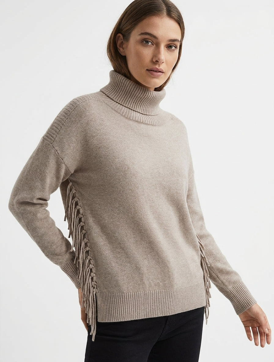 Pull maille franges latérales - Taupe