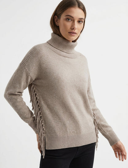Pull maille franges latérales - Taupe