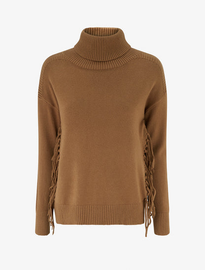 Pull uni frangés à col roulé - Camel - 1