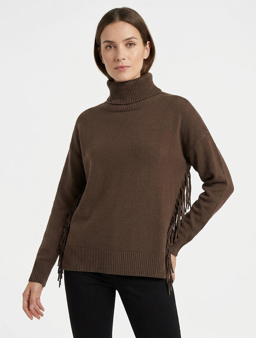 Pull franges col roulé en maille - Marron