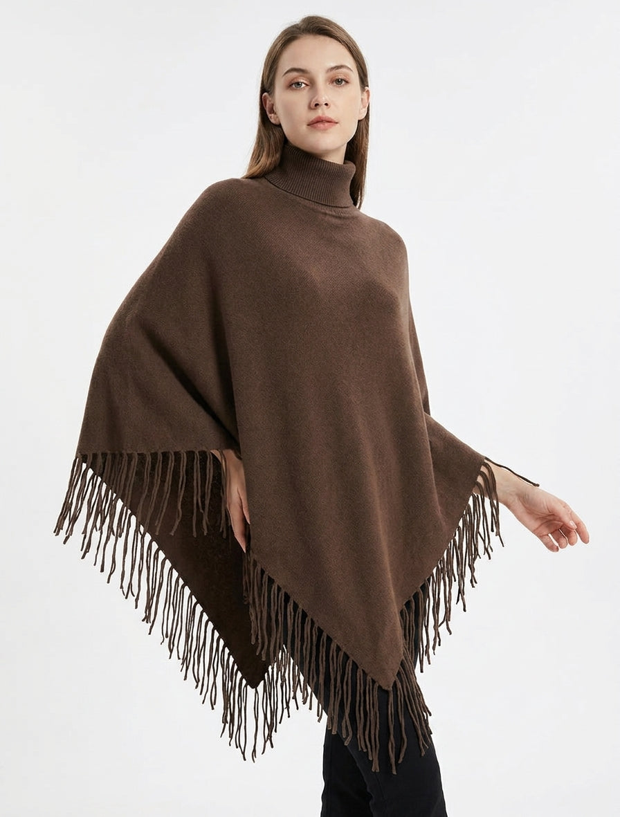 Poncho ample col roulé - Marron